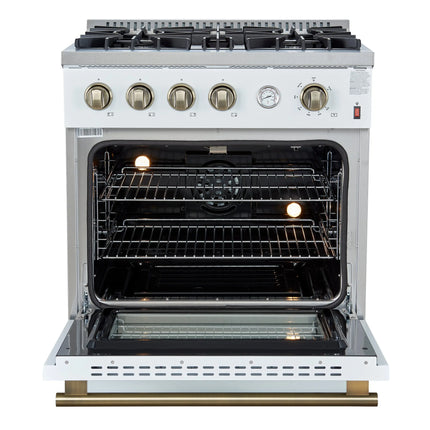 Marco 30-inch Gas Range White & Antique Brass Design, 4 Burners 37,000 BTU, 4.32 cu.ft. Convection Oven FORNO