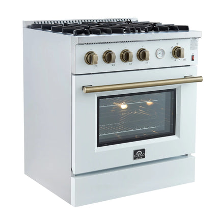 Marco 30-inch Gas Range White & Antique Brass Design, 4 Burners 37,000 BTU, 4.32 cu.ft. Convection Oven FORNO