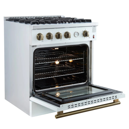 Marco 30-inch Gas Range White & Antique Brass Design, 4 Burners 37,000 BTU, 4.32 cu.ft. Convection Oven FORNO