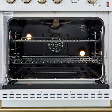 Marco 30-inch Gas Range White & Antique Brass Design, 4 Burners 37,000 BTU, 4.32 cu.ft. Convection Oven FORNO