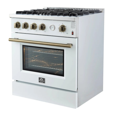 Marco 30-inch Gas Range White & Antique Brass Design, 4 Burners 37,000 BTU, 4.32 cu.ft. Convection Oven FORNO