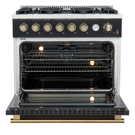 Marco 36-Inch Gas Range Black & Antique Brass Design, 6 Burners 67,000 BTU, 5.36 cu.ft. Convection Oven FORNO