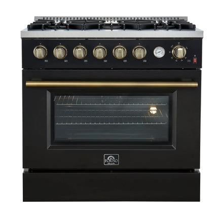 Marco 36-Inch Gas Range Black & Antique Brass Design, 6 Burners 67,000 BTU, 5.36 cu.ft. Convection Oven FORNO