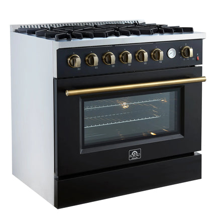Marco 36-Inch Gas Range Black & Antique Brass Design, 6 Burners 67,000 BTU, 5.36 cu.ft. Convection Oven FORNO