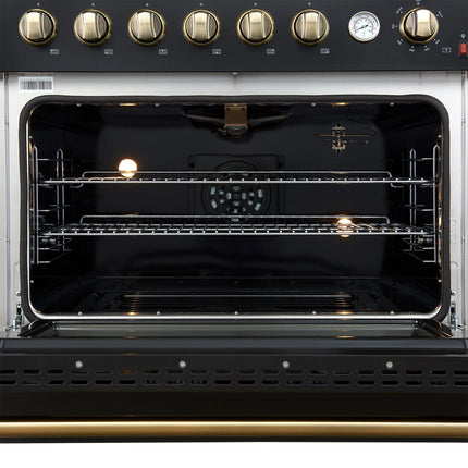 Marco 36-Inch Gas Range Black & Antique Brass Design, 6 Burners 67,000 BTU, 5.36 cu.ft. Convection Oven FORNO