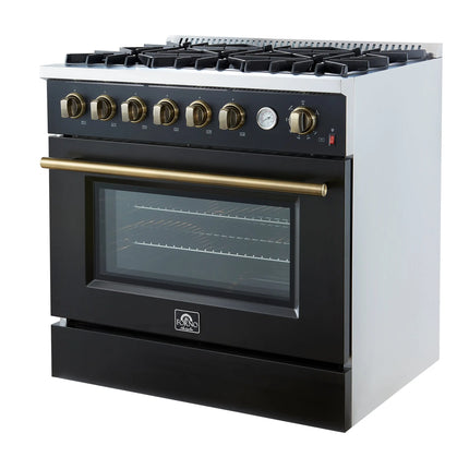 Marco 36-Inch Gas Range Black & Antique Brass Design, 6 Burners 67,000 BTU, 5.36 cu.ft. Convection Oven FORNO