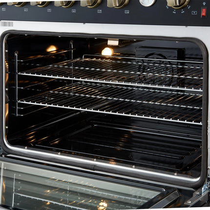 Marco 36-Inch Gas Range Black & Antique Brass Design, 6 Burners 67,000 BTU, 5.36 cu.ft. Convection Oven FORNO