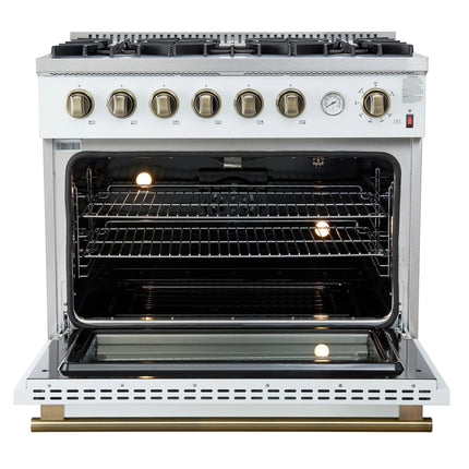Marco 36-Inch Gas Range White & Antique Brass Design, 6 Burners 67,000 BTU, 5.36 cu.ft. Convection Oven FORNO