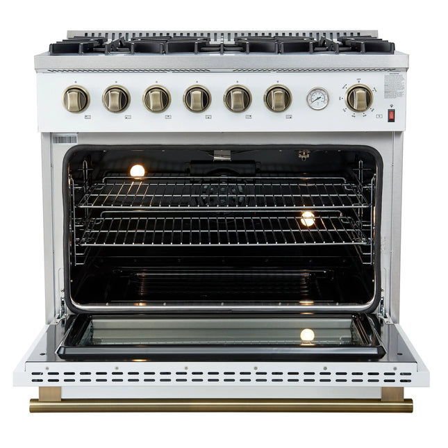 Marco 36-Inch Gas Range White & Antique Brass Design, 6 Burners 67,000 BTU, 5.36 cu.ft. Convection Oven FORNO