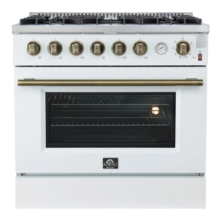 Marco 36-Inch Gas Range White & Antique Brass Design, 6 Burners 67,000 BTU, 5.36 cu.ft. Convection Oven FORNO