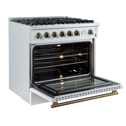 Marco 36-Inch Gas Range White & Antique Brass Design, 6 Burners 67,000 BTU, 5.36 cu.ft. Convection Oven FORNO
