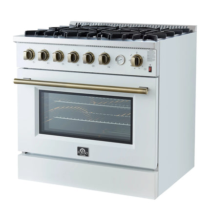 Marco 36-Inch Gas Range White & Antique Brass Design, 6 Burners 67,000 BTU, 5.36 cu.ft. Convection Oven FORNO