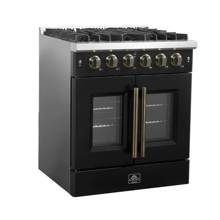 Forno Galiano 30-inch French Door Gas Range Black and Antique Brass Design, 5 Sealed Burners 68,000 BTU,  4.32 cu.ft. Convection Oven FORNO