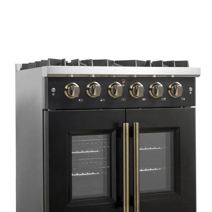 Forno Galiano 30-inch French Door Gas Range Black and Antique Brass Design, 5 Sealed Burners 68,000 BTU,  4.32 cu.ft. Convection Oven FORNO