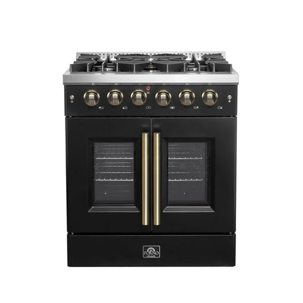 Forno Galiano 30-inch French Door Gas Range Black and Antique Brass Design, 5 Sealed Burners 68,000 BTU,  4.32 cu.ft. Convection Oven FORNO