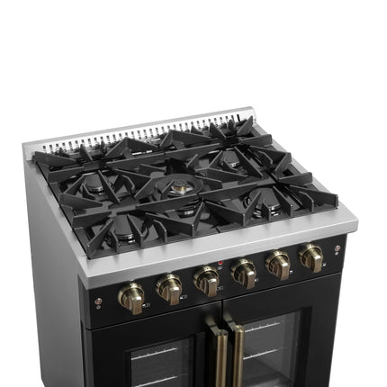 Forno Galiano 30-inch French Door Gas Range Black and Antique Brass Design, 5 Sealed Burners 68,000 BTU,  4.32 cu.ft. Convection Oven FORNO