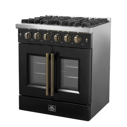 Forno Galiano 30-inch French Door Gas Range Black and Antique Brass Design, 5 Sealed Burners 68,000 BTU,  4.32 cu.ft. Convection Oven FORNO