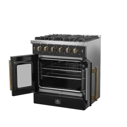 Forno Galiano 30-inch French Door Gas Range Black and Antique Brass Design, 5 Sealed Burners 68,000 BTU,  4.32 cu.ft. Convection Oven FORNO