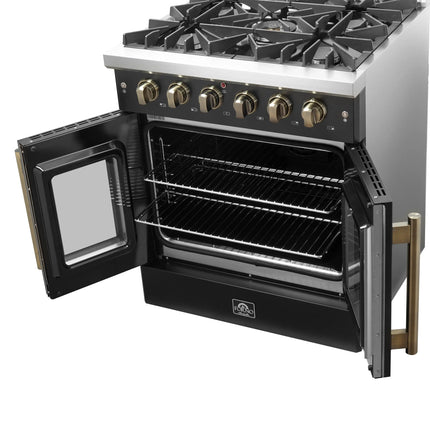 Forno Galiano 30-inch French Door Gas Range Black and Antique Brass Design, 5 Sealed Burners 68,000 BTU,  4.32 cu.ft. Convection Oven FORNO