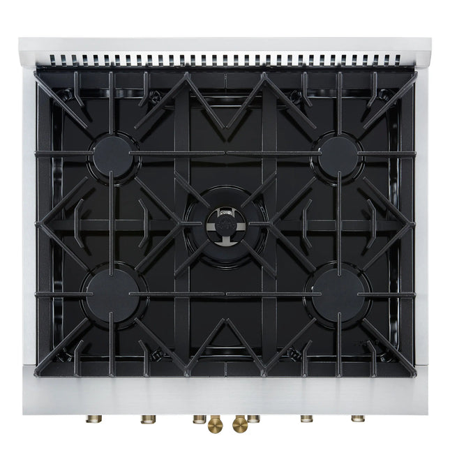 Forno Galiano 30-inch French Door Gas Range
White with Antique Brass Design, 5 Burners,
68,000 BTU, 4.32 cu.ft. Convection Oven FORNO