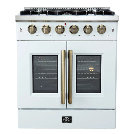 Forno Galiano 30-inch French Door Gas Range
White with Antique Brass Design, 5 Burners,
68,000 BTU, 4.32 cu.ft. Convection Oven FORNO