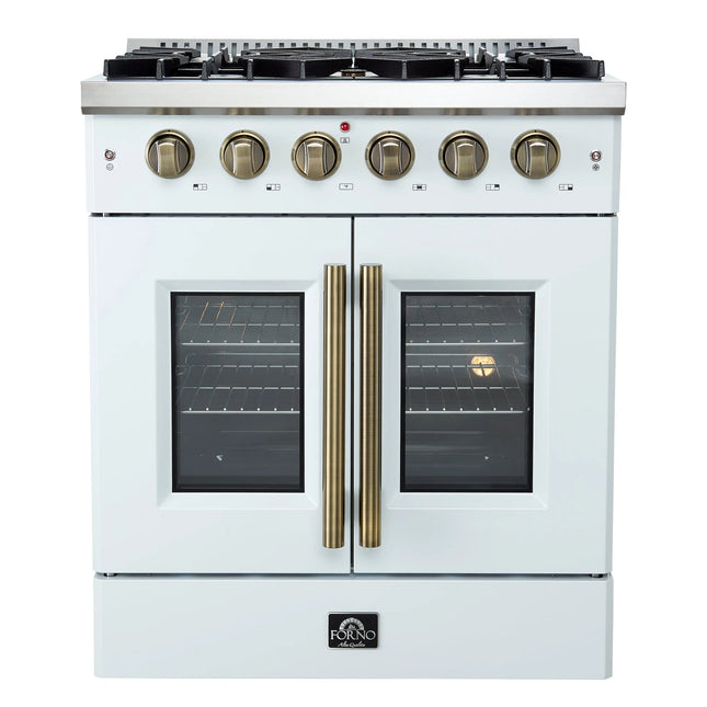 Forno Galiano 30-inch French Door Gas Range
White with Antique Brass Design, 5 Burners,
68,000 BTU, 4.32 cu.ft. Convection Oven FORNO