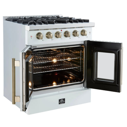 Forno Galiano 30-inch French Door Gas Range
White with Antique Brass Design, 5 Burners,
68,000 BTU, 4.32 cu.ft. Convection Oven FORNO