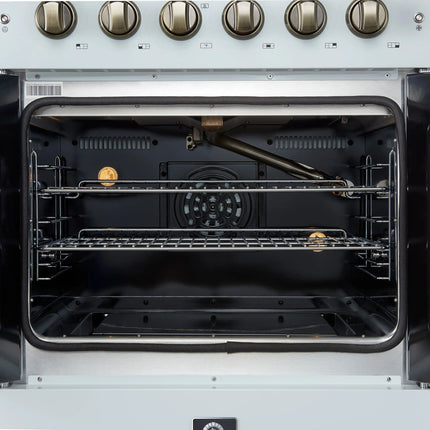 Forno Galiano 30-inch French Door Gas Range
White with Antique Brass Design, 5 Burners,
68,000 BTU, 4.32 cu.ft. Convection Oven FORNO
