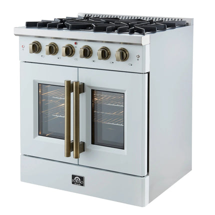Forno Galiano 30-inch French Door Gas Range
White with Antique Brass Design, 5 Burners,
68,000 BTU, 4.32 cu.ft. Convection Oven FORNO