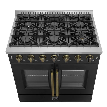 Forno Galiano 36-inch French Door Gas Range Black and Antique Brass Design, 6 Sealed Burners 83,000 BTU, 5.36 cu.ft. Convection Oven FORNO