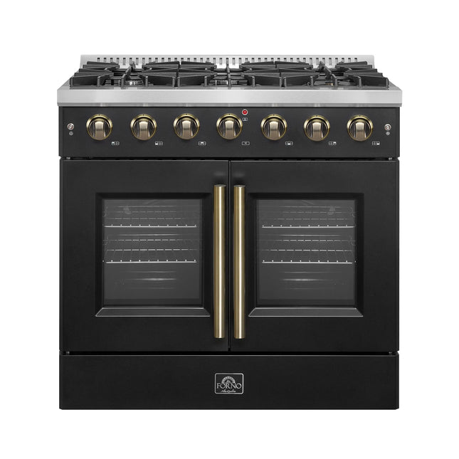 Forno Galiano 36-inch French Door Gas Range Black and Antique Brass Design, 6 Sealed Burners 83,000 BTU, 5.36 cu.ft. Convection Oven FORNO