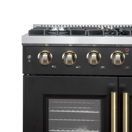 Forno Galiano 36-inch French Door Gas Range Black and Antique Brass Design, 6 Sealed Burners 83,000 BTU, 5.36 cu.ft. Convection Oven FORNO