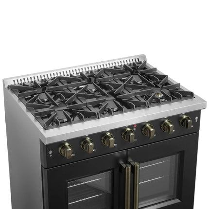 Forno Galiano 36-inch French Door Gas Range Black and Antique Brass Design, 6 Sealed Burners 83,000 BTU, 5.36 cu.ft. Convection Oven FORNO