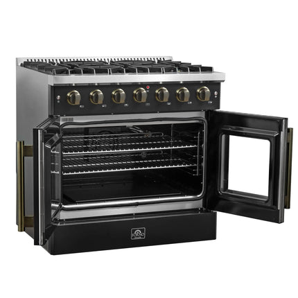 Forno Galiano 36-inch French Door Gas Range Black and Antique Brass Design, 6 Sealed Burners 83,000 BTU, 5.36 cu.ft. Convection Oven FORNO