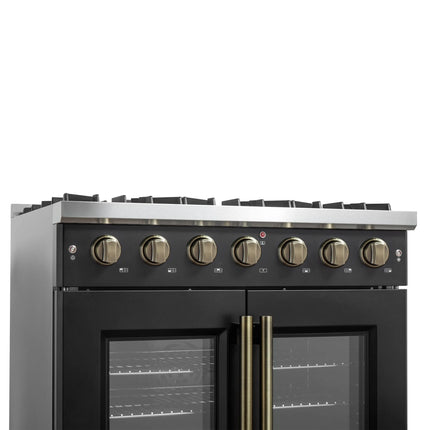 Forno Galiano 36-inch French Door Gas Range Black and Antique Brass Design, 6 Sealed Burners 83,000 BTU, 5.36 cu.ft. Convection Oven FORNO