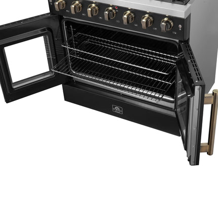 Forno Galiano 36-inch French Door Gas Range Black and Antique Brass Design, 6 Sealed Burners 83,000 BTU, 5.36 cu.ft. Convection Oven FORNO
