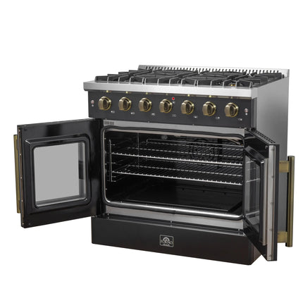 Forno Galiano 36-inch French Door Gas Range Black and Antique Brass Design, 6 Sealed Burners 83,000 BTU, 5.36 cu.ft. Convection Oven FORNO