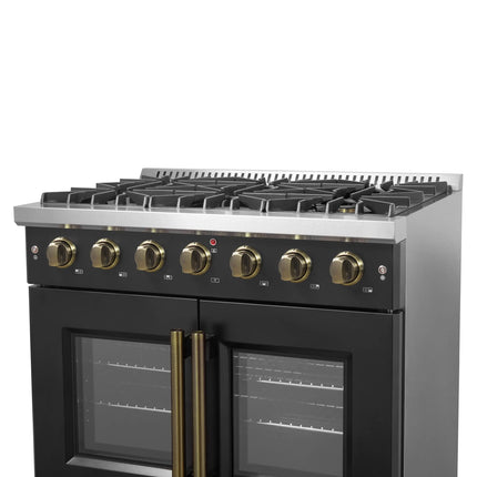 Forno Galiano 36-inch French Door Gas Range Black and Antique Brass Design, 6 Sealed Burners 83,000 BTU, 5.36 cu.ft. Convection Oven FORNO