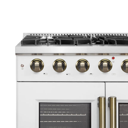 Forno Galiano 36-inch French Door Gas Range White and Antique Brass Design, 6 Sealed Burners 83,000 BTU, 5.36 cu.ft. Convection Oven FORNO
