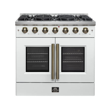 Forno Galiano 36-inch French Door Gas Range White and Antique Brass Design, 6 Sealed Burners 83,000 BTU, 5.36 cu.ft. Convection Oven FORNO