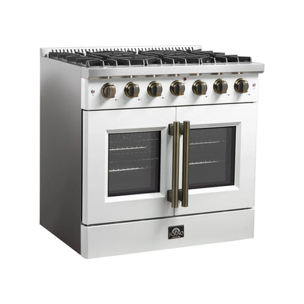 Forno Galiano 36-inch French Door Gas Range White and Antique Brass Design, 6 Sealed Burners 83,000 BTU, 5.36 cu.ft. Convection Oven FORNO