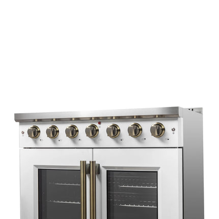 Forno Galiano 36-inch French Door Gas Range White and Antique Brass Design, 6 Sealed Burners 83,000 BTU, 5.36 cu.ft. Convection Oven FORNO