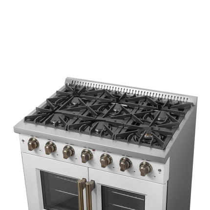 Forno Galiano 36-inch French Door Gas Range White and Antique Brass Design, 6 Sealed Burners 83,000 BTU, 5.36 cu.ft. Convection Oven FORNO