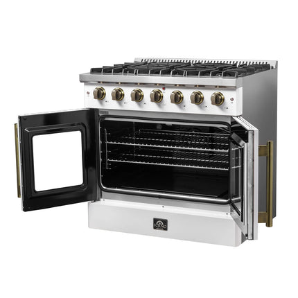 Forno Galiano 36-inch French Door Gas Range White and Antique Brass Design, 6 Sealed Burners 83,000 BTU, 5.36 cu.ft. Convection Oven FORNO