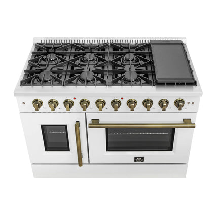 Forno Galiano 48-Inch Freestanding French Door Gas Range, White & Antique Brass FORNO