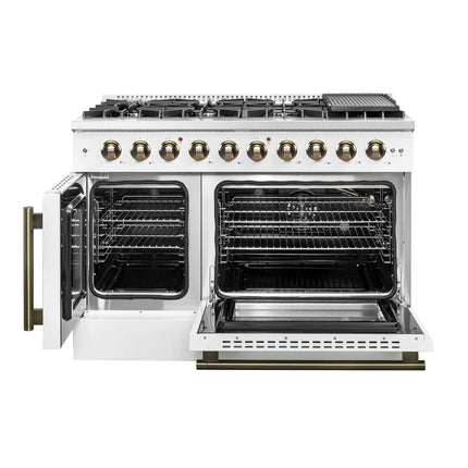 Forno Galiano 48-Inch Freestanding French Door Gas Range, White & Antique Brass FORNO