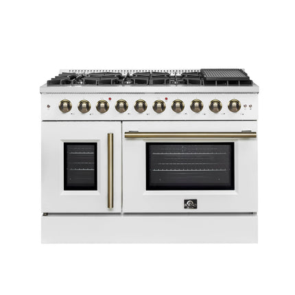 Forno Galiano 48-Inch Freestanding French Door Gas Range, White & Antique Brass FORNO