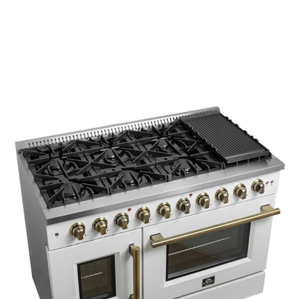 Forno Galiano 48-Inch Freestanding French Door Gas Range, White & Antique Brass FORNO