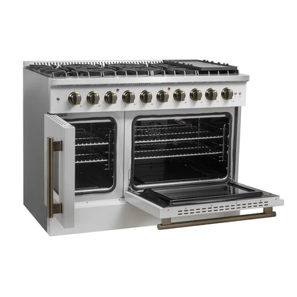 Forno Galiano 48-Inch Freestanding French Door Gas Range, White & Antique Brass FORNO