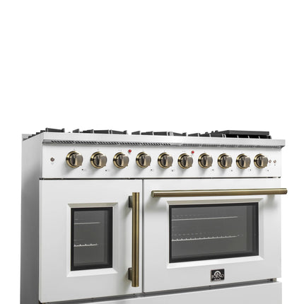Forno Galiano 48-Inch Freestanding French Door Gas Range, White & Antique Brass FORNO